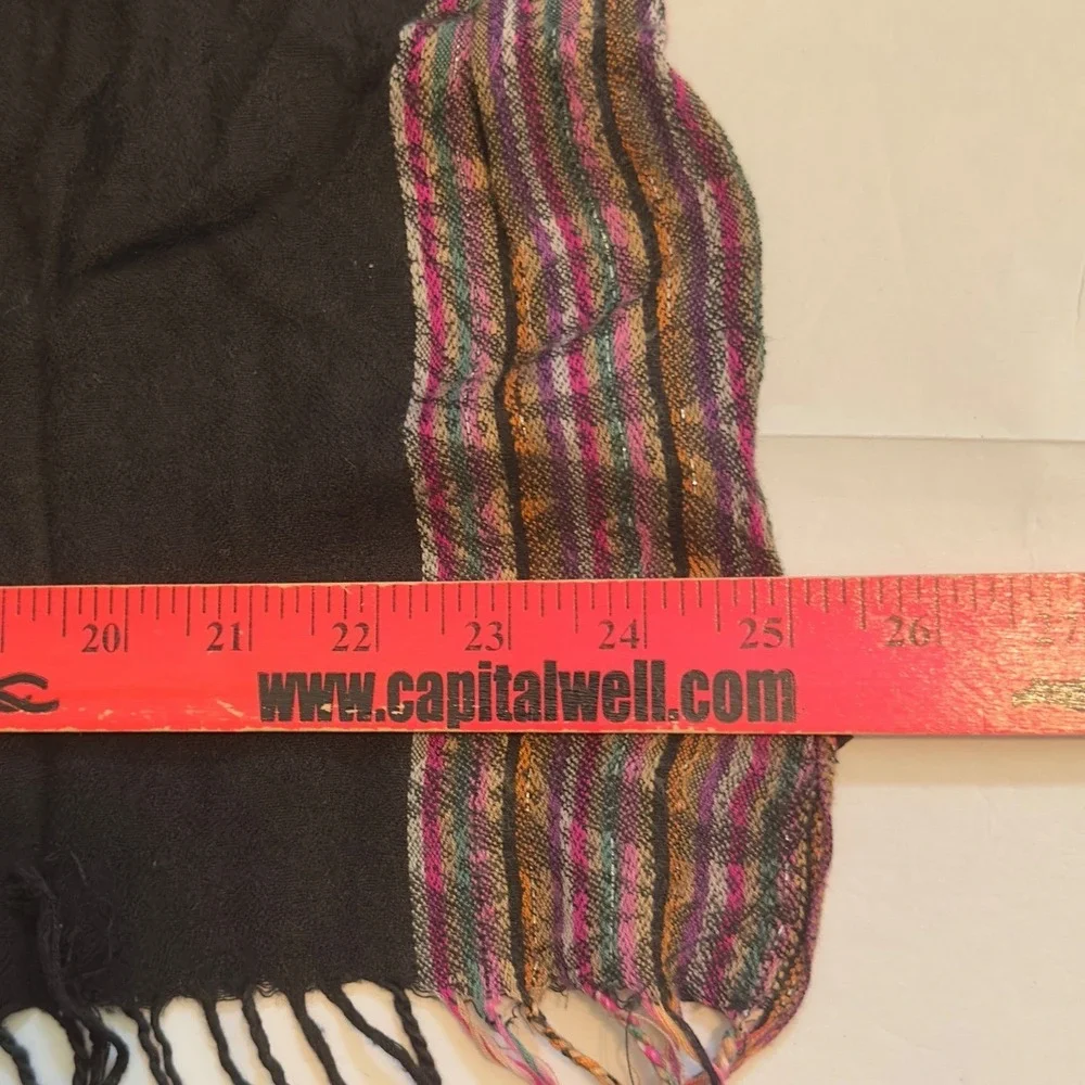 Cejon Black Viscose Scarf Multi Color Metallic Striped Border Fringe Wrap India
